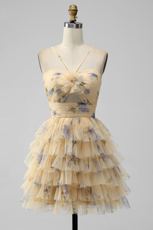 Vintage Yellow Floral Design A-line Spaghetti Strap Tiered Homecoming Dress TP3406