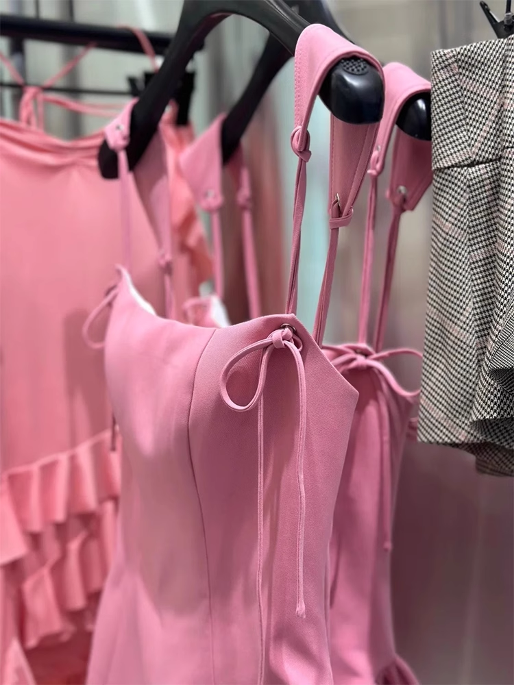 Vestido de fiesta de corte A con dobladillo con volantes en rosa, nuevo diseño, TP3827