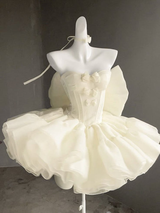 New Fashion Bow Design Sleeveless Strapless Mini Party Dress Cream White Homecoming Dress TP3392