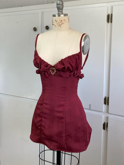 Vintage Burgundy Spaghetti Strap A-line Lace-up Short Party Dresses Homecoming Dresses, TP3777