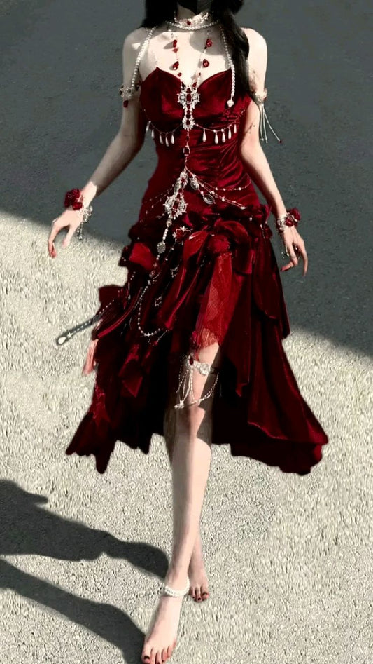 Burgundy Exquisite Mermaid Spaghetti Strap Beaded Velvet Long Party Dress Cocktail Dress SH3593