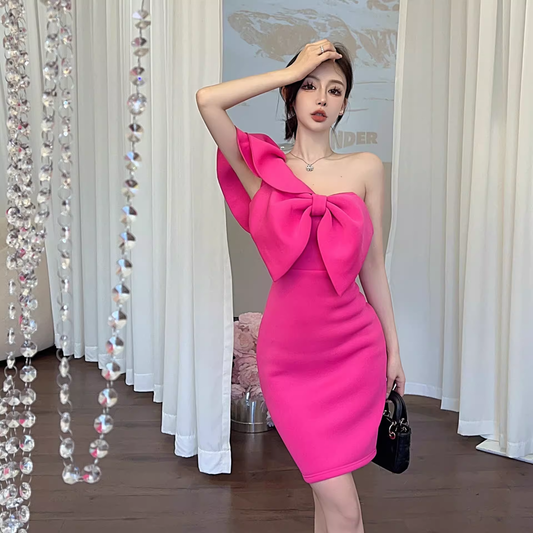 Fashion Rose Pink One- shoulder Bow Design A-line Homecoming Dress TP3687
