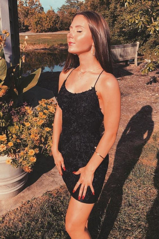 Vestido corto de encaje negro ajustado con tirantes finos para fiesta de bienvenida, vestidos de fiesta negros para mujer