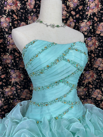 Vestido de noche vintage de quinceañera, de tul azul verdoso, sin tirantes y con cuentas, corte A, para fiesta de graduación, TP4263