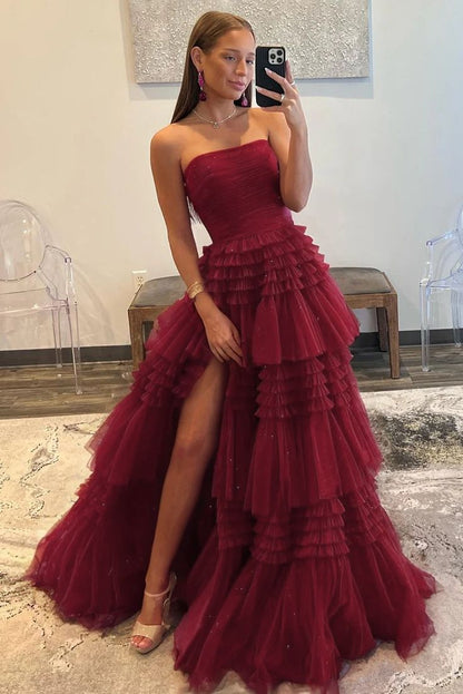 A-Line Strapless Tulle Long Prom Dress with Tiered Ruffles gh2676