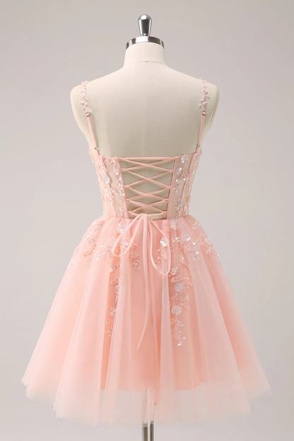 Vintage Pink 3D Flowers Design A-line Sleeveless Spaghetti Strap Homecoming Dress TP3451