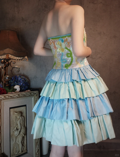 Vestido de fiesta retro colorido sin tirantes, diseño floral, corte A, corto, con capas, TP4020