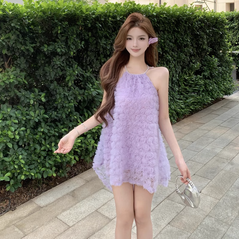 Fashion Purple 3D Flowers Tulle Design A-line Halter Homecoming Dress TP3707
