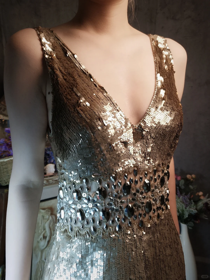 Vestido de fiesta corto estilo retro dorado con escote en V, lentejuelas brillantes y cuentas, corte A, TP4021