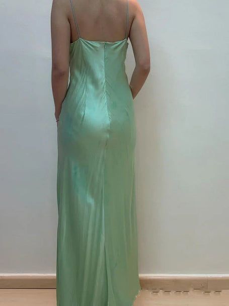 Green Vintage Fashion Beaded Spaghetti Straps Long satin Formal Prom Dress, Evening Dress, Party Dress gh3501