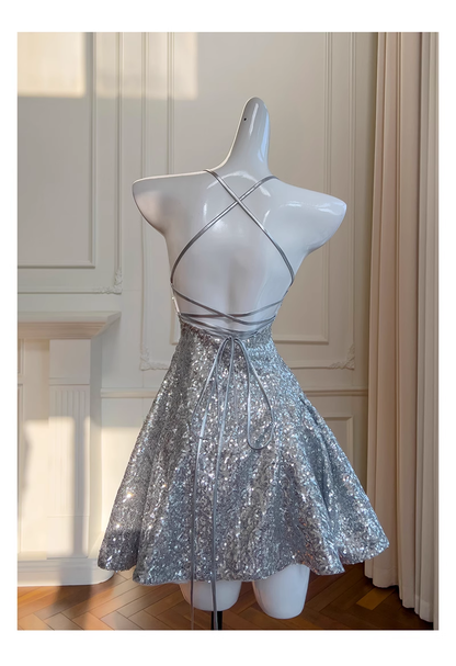 Fashion Silvery Spaghetti Strap A-line Sequin Party Dresses Homecoming Dresses, TP3788