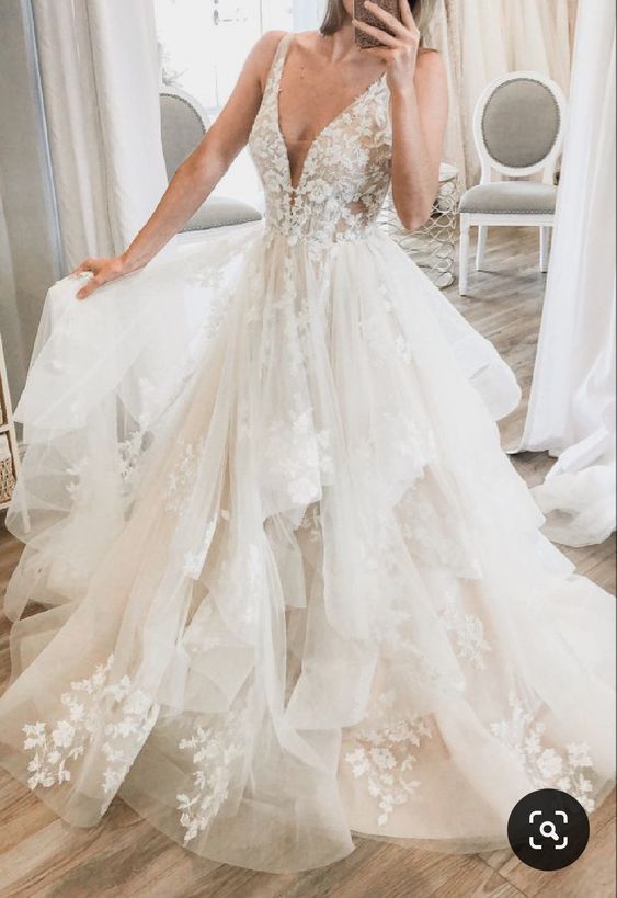 Elegant V Neck Tulle Prom Dresses, Princess Long Wedding Dresses PW469