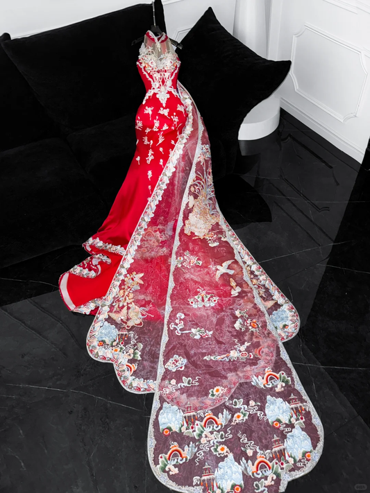 Vestido de noche elegante de corte sirena con bordado de lentejuelas y cuentas rojas brillantes, TP4209