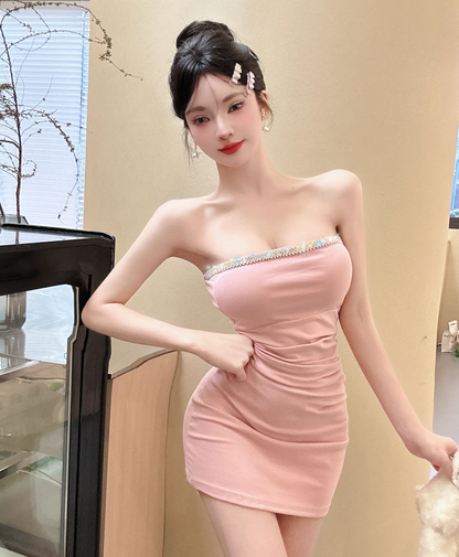 Fashion Pink Sequin Bodycon Design A-line Strapless Homecoming Dress TP3706