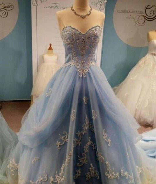 Charming Princess Lace Blue Tulle Prom Dresses, Sweetheart Ball Gown Evening Dresses GP416