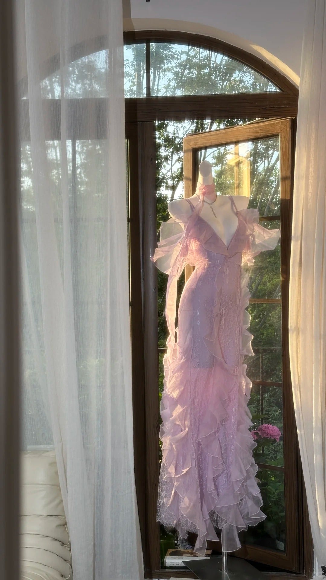 Pink Romantic Lace Elegant Long Chiffon Ball Gown Evening Dress Party Dress Date Dress gh4613