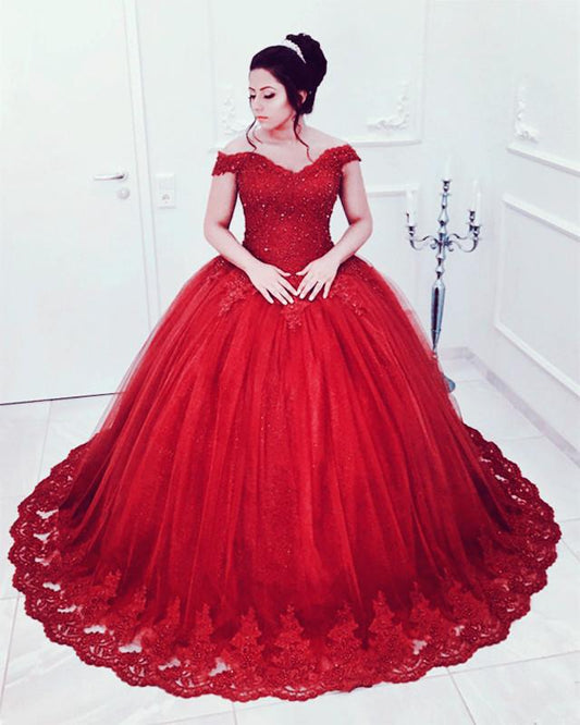 Vestidos de quinceañera de tul con escote en V, hombros descubiertos y encaje con cuentas, vestido formal