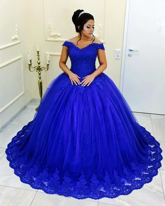 Vestidos de quinceañera de tul con escote en V, hombros descubiertos y encaje con cuentas, vestido formal