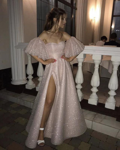 Vestidos de fiesta con lentejuelas brillantes, mangas abullonadas, abertura en la pierna, vestido formal