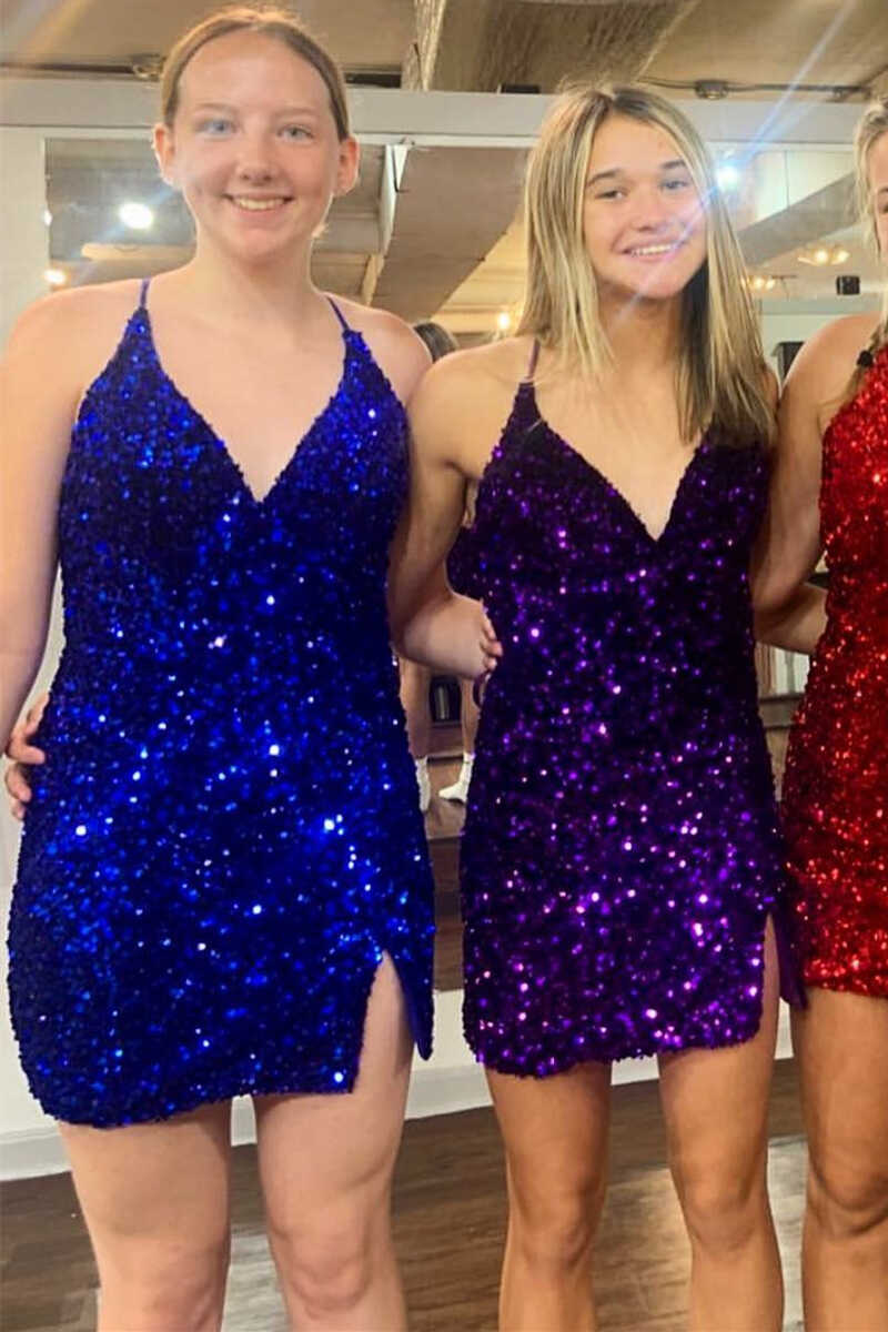 Vestido de fiesta sexy morado con lentejuelas, escote en V, corto y ajustado con abertura