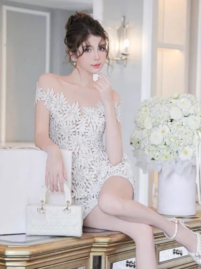 Cute White Appliqued Off-the-shoulder Design A-line Party Dress Homecoming Dress TP3849