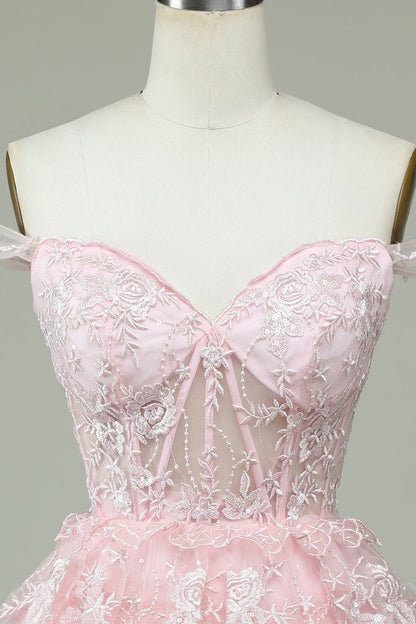 Vintage Pink Floral Embroidery Design A-line Off-the-shoulder Tiered Homecoming Dress TP3418
