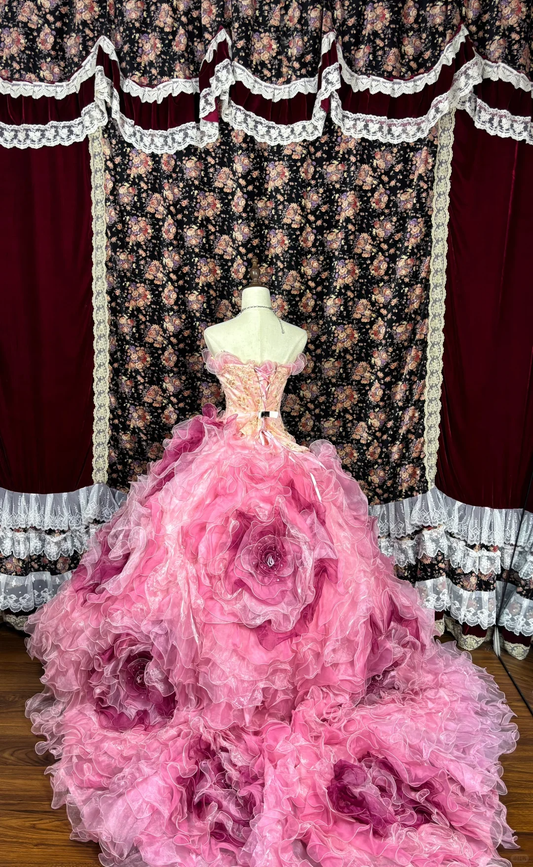 Vestido de quinceañera con flores 3D en tul rosa y cuentas, vestido de noche TP4268