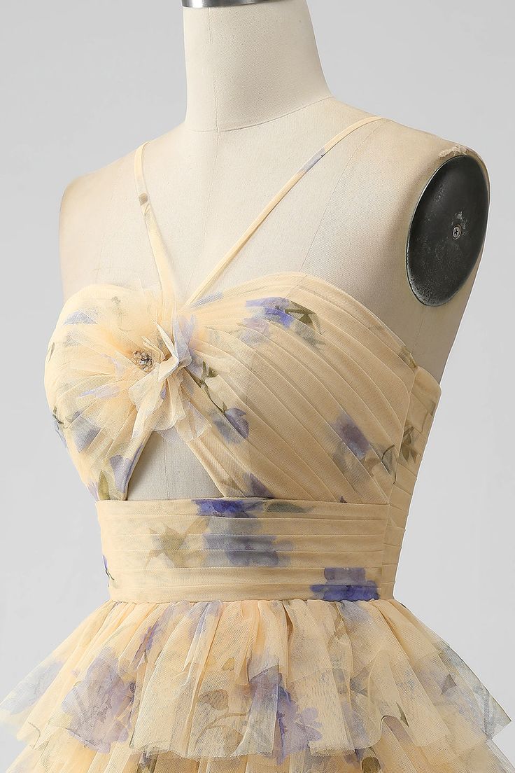 Vintage Yellow Floral Design A-line Spaghetti Strap Tiered Homecoming Dress TP3406
