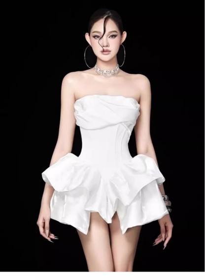 Cute White Strapless Ruffled Hem Design A-line Satin Party Dress Homecoming Dress TP3820