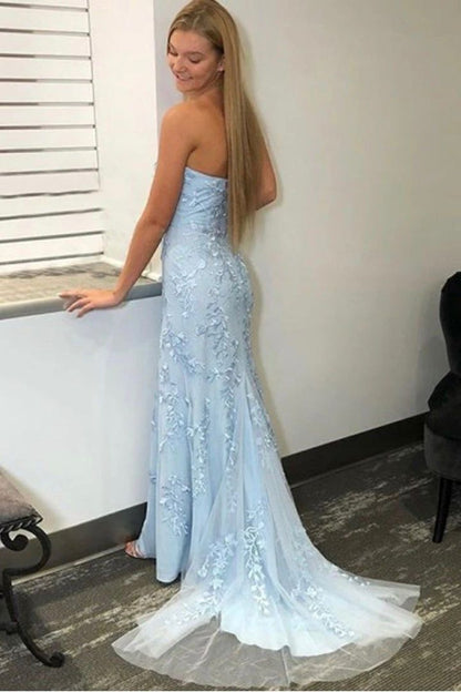 Sky Blue Strapless Mermaid Prom Dress, Long Formal Evening Dress MP02