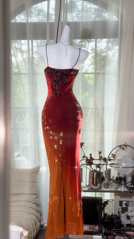 Vintage Beaded Sparkling Long Chiffon Spaghetti Strap Luxury Ball Gown Evening Dress Prom Dresses TP3964