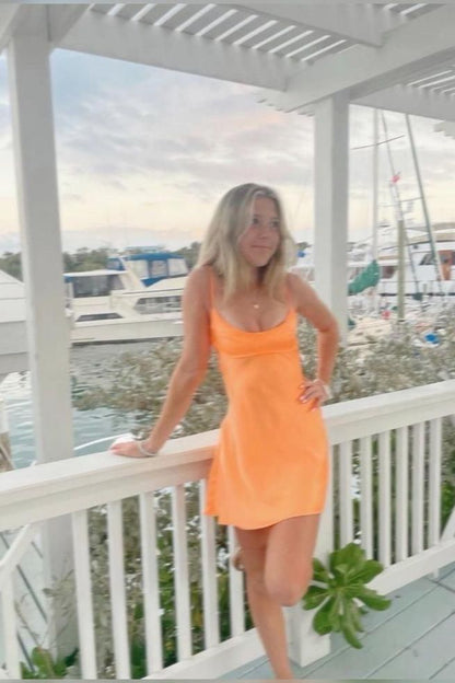 Vestido corto naranja de fiesta con tirantes finos, estilo tubo, para verano, cóctel, cumpleaños, DP2099