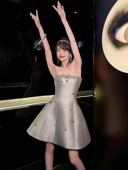 Vintage Silvery Beading Strapless Design A-line Party Dress Homecoming Dress TP3848