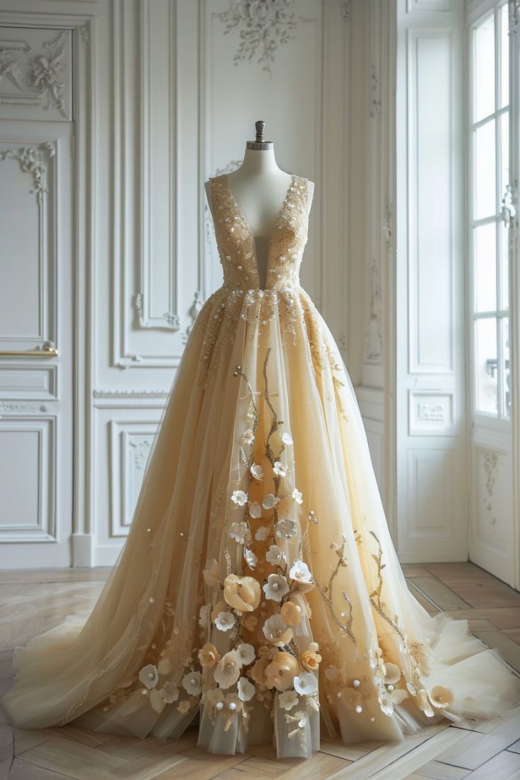Champagne A-line V-neck Tulle Sequin Wedding Dress, Beaded Applique Long Prom Dress ED01388