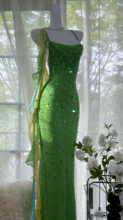 Vintage Shiny Sequin Green Spaghetti Strap Design A-line Romantic Chiffon Evening Dress Prom Dress TP4007
