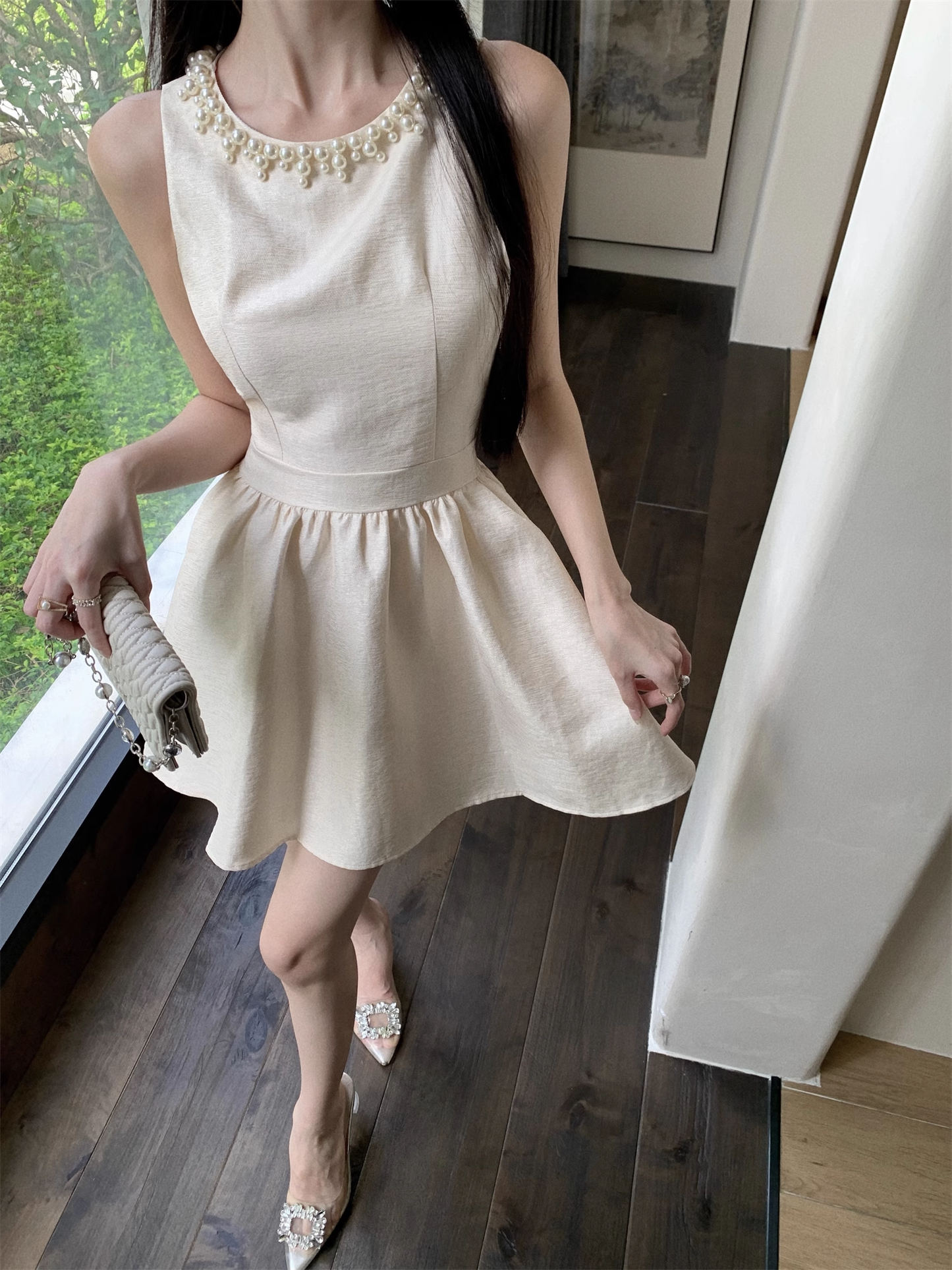 Fashion Beige Sleeveless Pearl Beading Design A-line Homecoming Dress TP3693