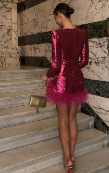 Pink Sparkling Sweetheart Neck Sequin Long Sleeve Short Prom Dress Evening Dress Party Dress Homecoming Dress gh3292