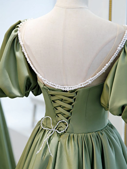 Vestido de fiesta de satén verde retro con escote corazón, manga corta, diseño con cordones, corte A, TP4075
