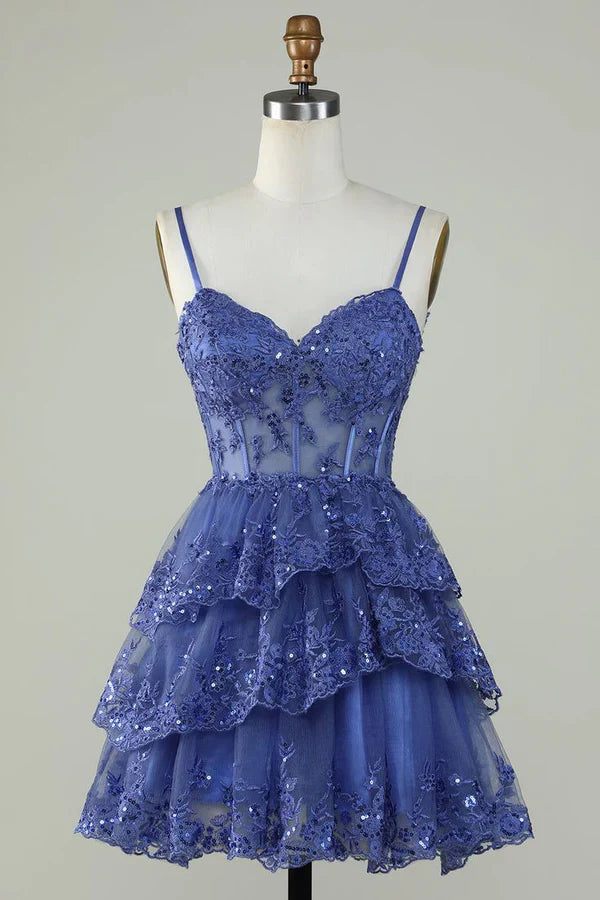 Gorgeous Navy Blue Sequined Corset Design A-line Spaghetti Strap Homecoming Dress TP3594