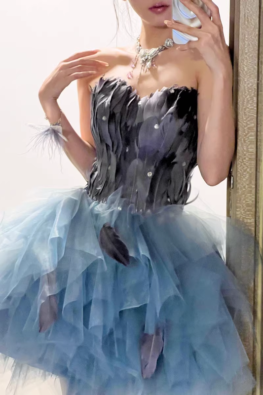 Fashion Blue Sequin Tulle Design A-line Sweetheart Strapless Homecoming Dress TP3682
