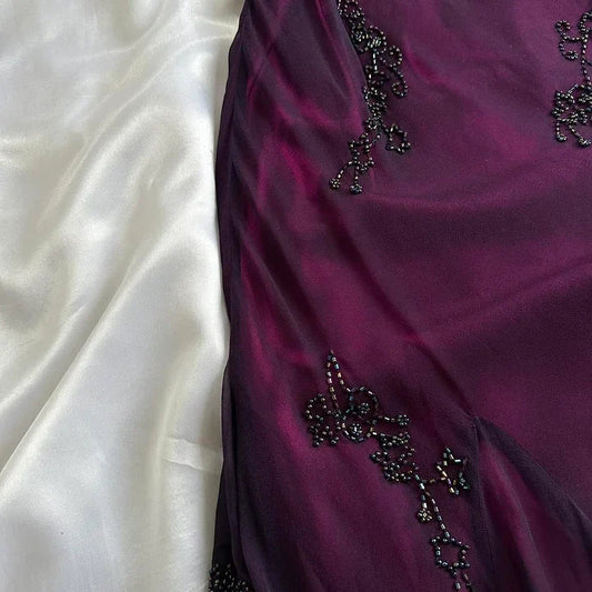 Exquisito vestido de fiesta largo con cuentas moradas, vestido de noche de lujo