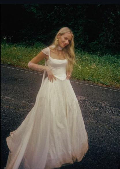 Simple Classic White A Line Strap Satin Tulle Long Prom Dress Wedding Dress SH3657