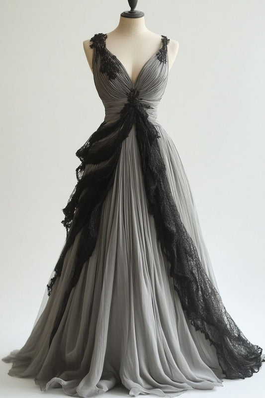 Gray Retro Fashion Exquisite Black Lace V-neck A-line Long Tulle Ball Gown Evening Gown Wedding Dress gh3398