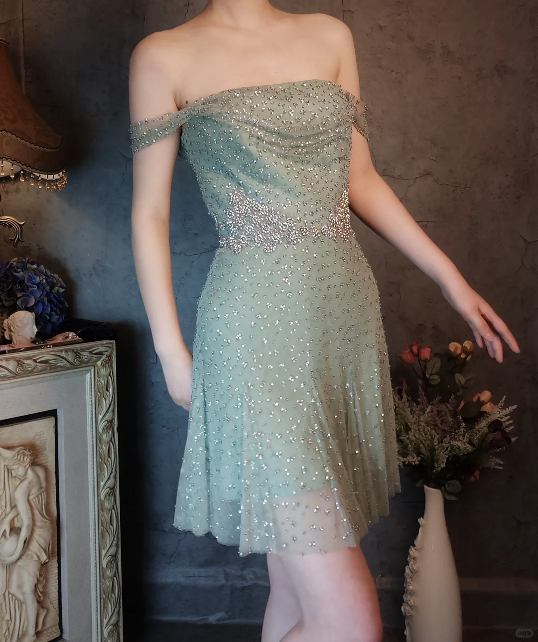 Vintage Light Green Off-the-shoulder Sparkling Beaded Design A-line Short Homecoming Dress TP4023