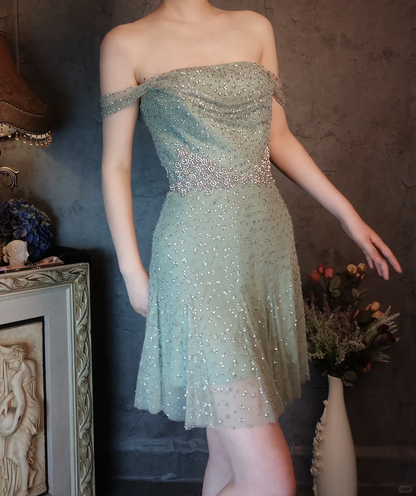 Vintage Light Green Off-the-shoulder Sparkling Beaded Design A-line Short Homecoming Dress TP4023