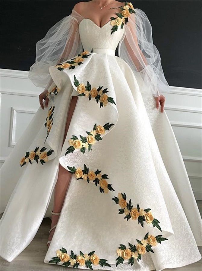White yellow three-dimensional flower heart-shaped neckline long ball gown evening dress wedding dress gh993