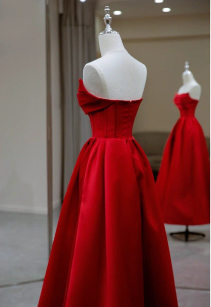 Elegante vestido de noche de satén rojo sin espalda, plisado, corte A, vestido de fiesta