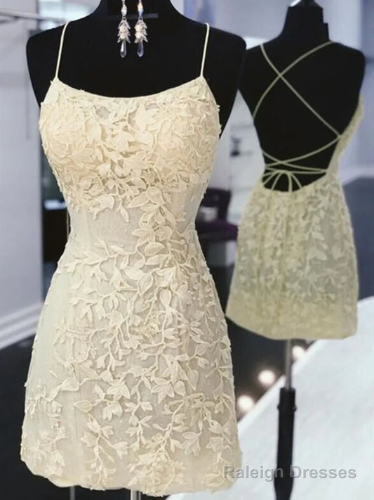 Vintage Beige Backless Design Short Evening Dress, A-line Spaghetti Strap Homecoming Dress TP3397
