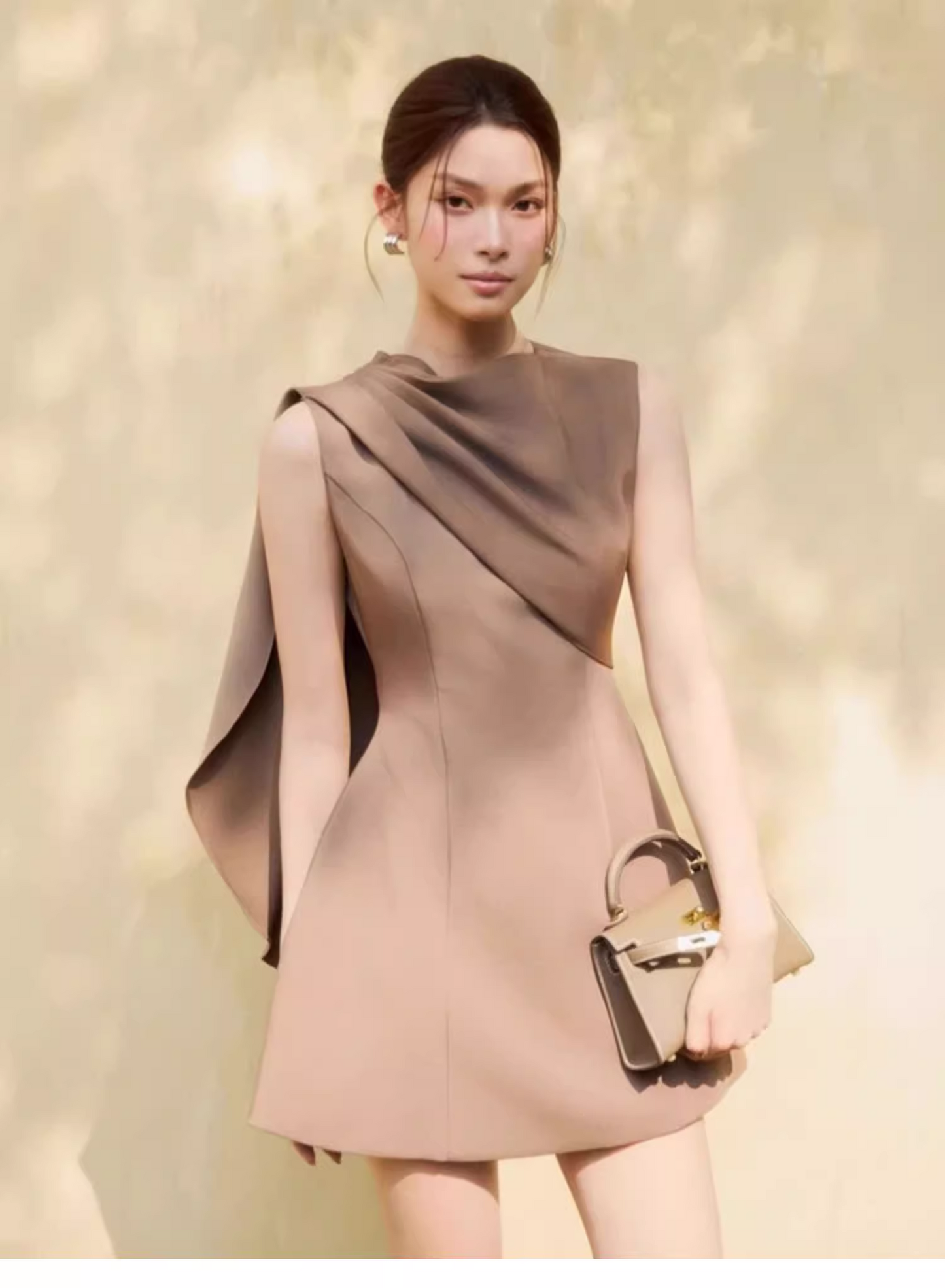 Elegant Light Brown Sleeveless Design A-line Satin Party Dress Homecoming Dress TP3821