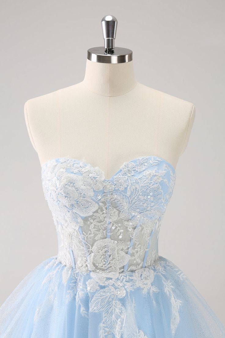 New Fashion Light Blue Flower Embroidery Design A-line Spaghetti Strap Homecoming Dress TP3416